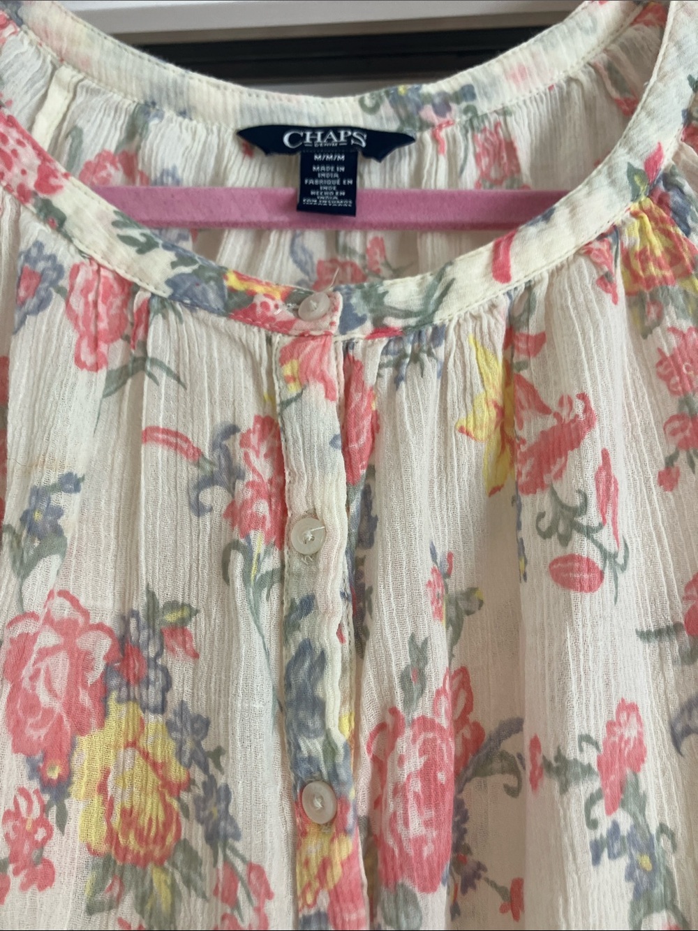 Chaps Cream Floral Peasant Top with Coral and Yellow Blooms - Picture 4 of 7